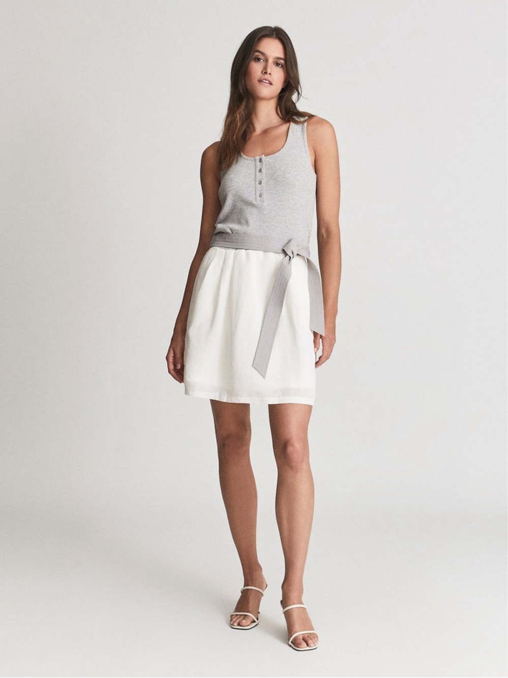 REISS Zeta Mixed Media Racerback Belted Mini Dress Gray White Size 10 - Picture 2 of 8